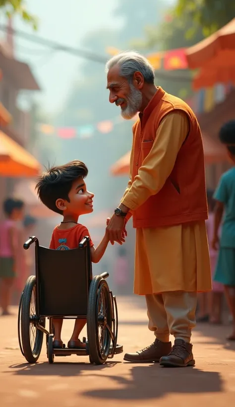 An Indian poor boy of , sitting on the wheel chair talking to a person who is ratan tata sir a great businessman of india. Ratan tata is standing near him. The boy is holding ratan tatas hand. Ratan tata is without beard and moustaches. Generate a cinemati...