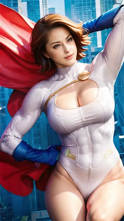 1 woman, japanese actress matsumoto wakana , power girl,  dc comics hero , 彼女は詳細なpower girlのコスチュームを着ている, 詳細なdcコミックスのヒロインのpower g...