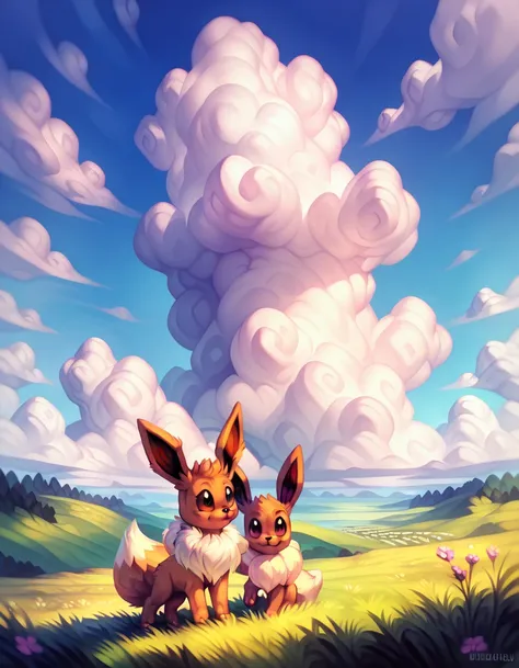 (meadow: 1.2), (pokemon: 1.2), (eevee: 1.2), (field: 1.2), (nature: 1.2), (outdoors: 1.2), (grass: 1.2), (clouds: 1.2), (sky: 1.2), (peaceful: 1.1), (serene: 1.1), (calm: 1.1), (tranquil: 1.1), (idyllic: 1.1), (contemplative: 1.1), (relaxed: 1.1), (standin...