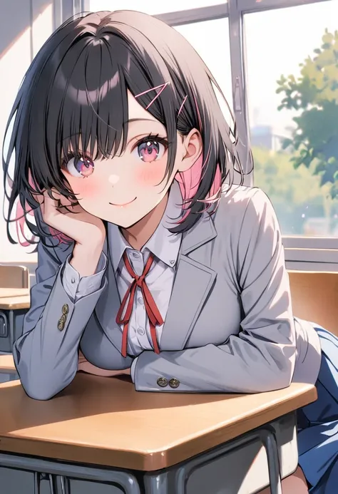 one girl, black hair, pink highlights, neat hair, medium hair, pink hairclips, pink eyes, smile, large breasts, grey blazer, white button up, red ribbon, blue skirt, white socks, classroom background, sitting at desk, breast rest, sitting on chair