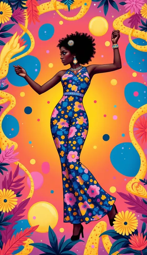 Create a vibrant 70s disco-inspired artwork featuring a feminine figure standing gracefully. The piece should embody groovy and trippy aesthetics, with hallucinatory, hypnotic patterns that evoke a sense of euphoria. Incorporate abstract, fluid shapes alon...