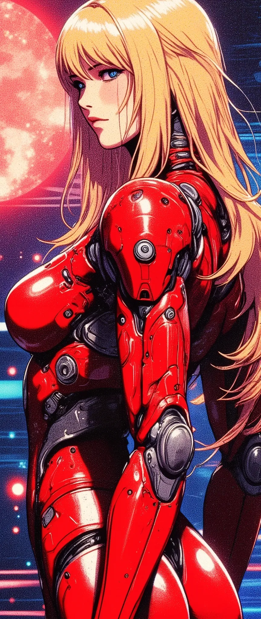 (masterpiece:1.2,Outstanding quality,Mirror finish,  cinematic experience,Super detailed),16k,wallpaper,( semi-realistic android woman),(front:2.0),(Upper body close-up:2.0), flat color,( Cyberpunk ),( Anime Artwork), Beautiful Gradation,( perfect proportions),( blond hair:2.0),( shiny red bodysuit ),( standing ),(Dark blue eyes:2.0),(Neon colored planetary groups in the background)