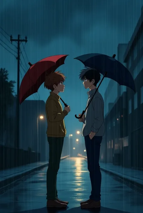 Make a Novel Cover With Teenagers, The Left one is Looking up to him a bit blushing, wearing a black Hoodie And Black Shoes, The left one is offering his Umbrella And Looks at him Coldy, The Background is a Sidewalk in a road, raining and Dark Clouds in th...