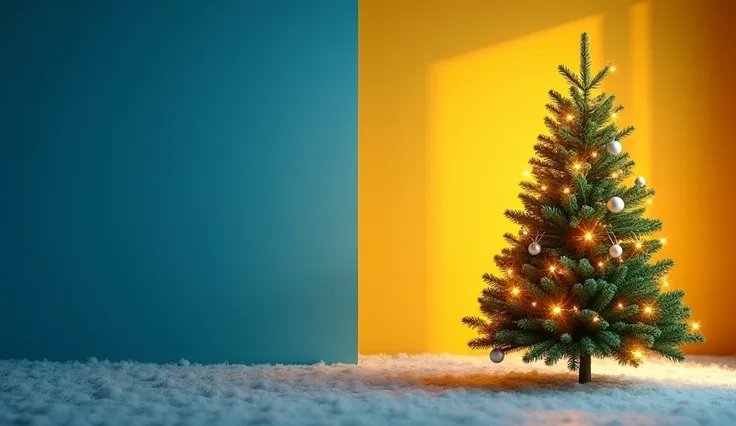 Blue and yellow color background, one side cristmas tree, with light 