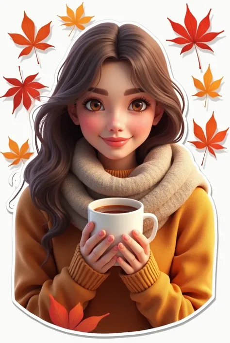 sticker, 3D photo style image on a white background, young woman, scarf,  autumn leaves,  a cup of coffee and a word of welcome