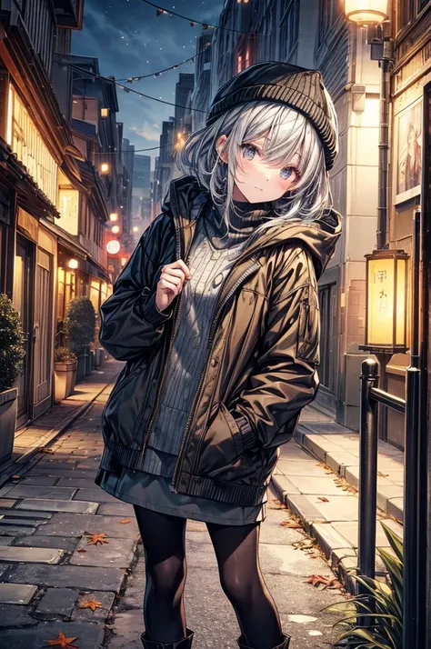  Silver Hair,  shorthair ,  hooded hoodie , Autumn cityscape,  fallen leaves,  Long Sleeve , Knitted hat,  muffler ,  boots,  Casual Fashion, Autumn colors, evening, Warm Light,  Calm Atmosphere , Autumn breeze, Street lamp, autumn leaves, Autumn outfit, l...