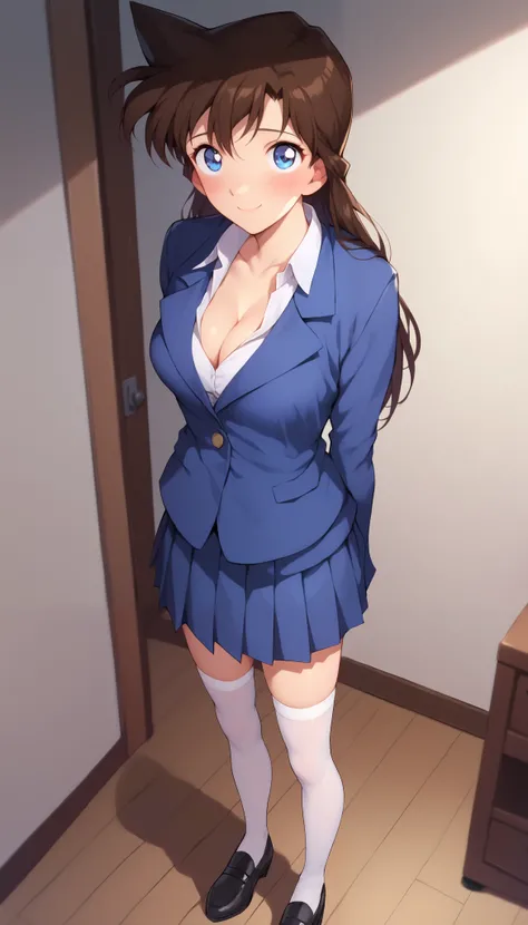 RanMoriDCXL, ran mori, detective conan, blue eyes, dark brown hair, long hair, 1 pointed hair, bangs, shy smile, shy expression, blushing, medium breasts, slender body, smile, blue jacket, blue pleated short skirt, white stockings, black shoes, solo, stand...