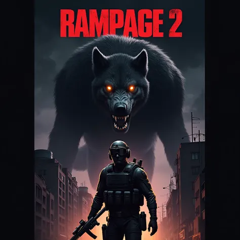 Design Breakdown for "RAMPAGE 2" Poster
1. The Wolf (Background Creature)
Size & Placement: The wolf is a giant and occupies the background but remains distinguishable. Its head and shoulders should dominate the top portion.
Details:
Highly textured fur wi...