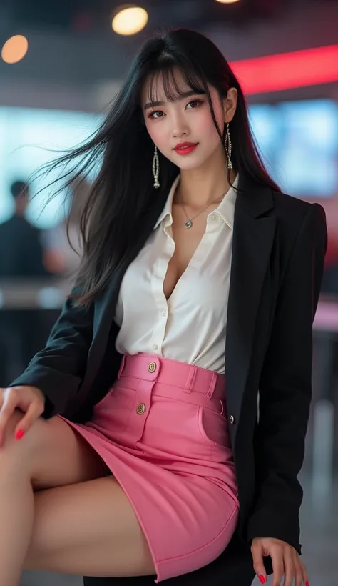 masterpiece,  Best Quality , 8k, 1 sexy and sweet Chinese girl,  Smooth Black Long Straight Hair , Bangs,  Long Stretch Earrings , Smile, necklace, Brand black super high heel stiletto heels that appear slightly sideways to the audience , realistic, ( Imag...