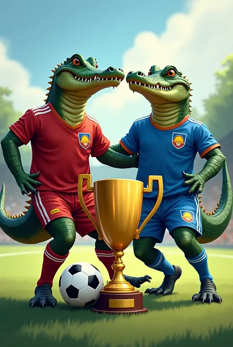 2 crocodiles wearing full soccer uniform grabbing a soccer ball with a trophy cup.