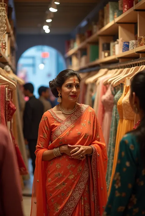 A bustling scene inside Shrileela’s Fashion showroom, filled with clients admiring her creations. Shrileela (a beautiful matured girl) is seen interacting with a customer, showcasing her latest designs. The showroom is vibrant, with luxurious fabrics and t...