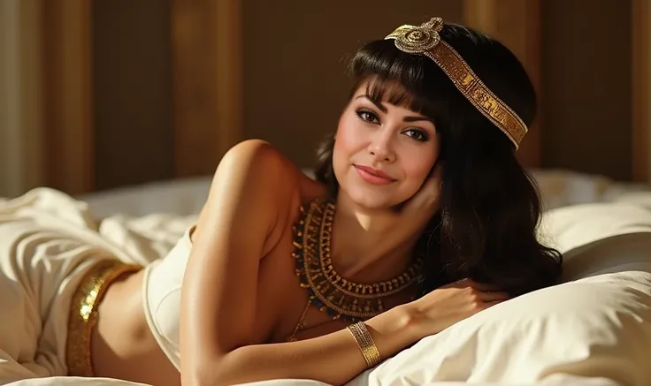 cleopatra ( masterpiece,  style better quality: 1.2), 1 girl, alone,  beautiful detailed eyes ,  beautiful detailed lips ,  extremely detailed face and features,, huge breasts, Cleopatra costume , Relaxed among the white sheets resting thoughtfully   . pho...