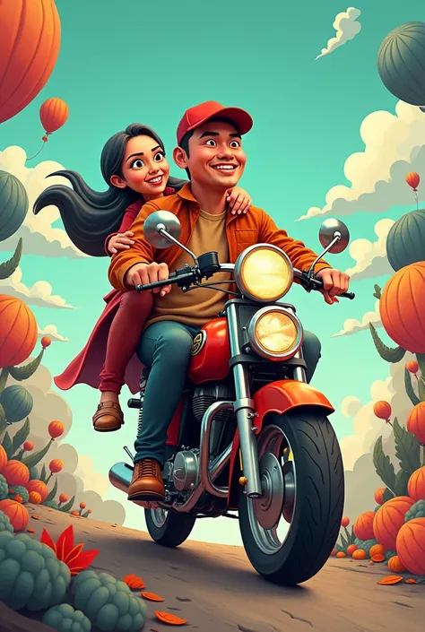 4D cartoon,an Indonesian man in front riding a motorbike and carrying an Indonesian woman wearing a hijab