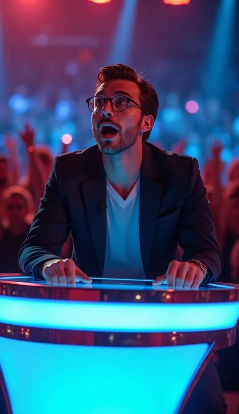 A charismatic talent show judge, Ryan Cole, seated at a futuristic judging table with sleek lines and illuminated edges. Ryan is a man in his mid-30s with stylish glasses, neatly combed dark brown hair, and a tech-savvy vibe. He is wearing a modern blazer ...