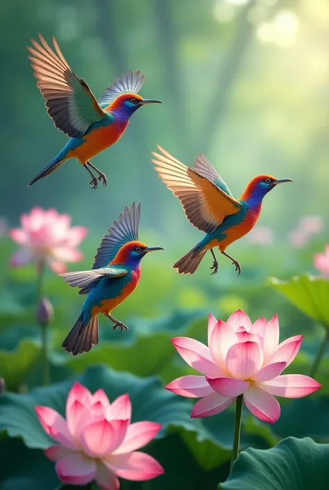 Four perched ciblebirds with bright plumage colors conspicuously perch and fly low over the blooming pink den white lotus flowers blushing so intricate and perfect details do not bore the viewer 