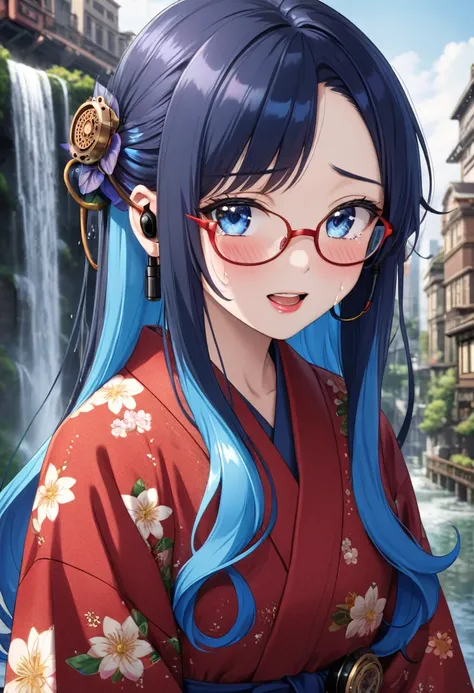 (Best masterpiece, High resolution: 1.5), (8K, RAW photo, Perfect anatomy, Golden ratio, Zoom up: 1.4), Pointillism, Professional photo, Solitary Japanese idol, (Real: 0.5), ( Thumbs up: 1.5), (Floral pattern, red yukata, red glasses, steampunk earphones: ...