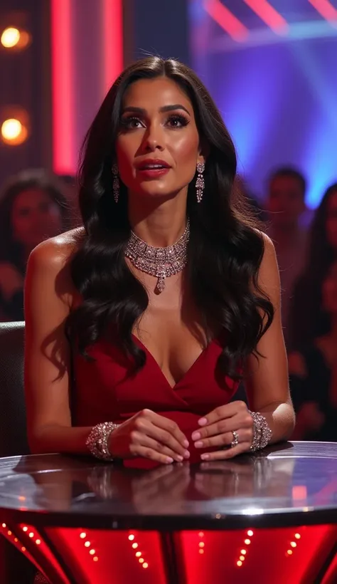 An elegant talent show judge, Sophia Vega, seated at a luxurious judging table with illuminated accents. Sophia is a stunning woman in her 40s with long, flowing dark hair, perfectly styled. She is dressed in a dramatic red gown with bold, eye-catching jew...