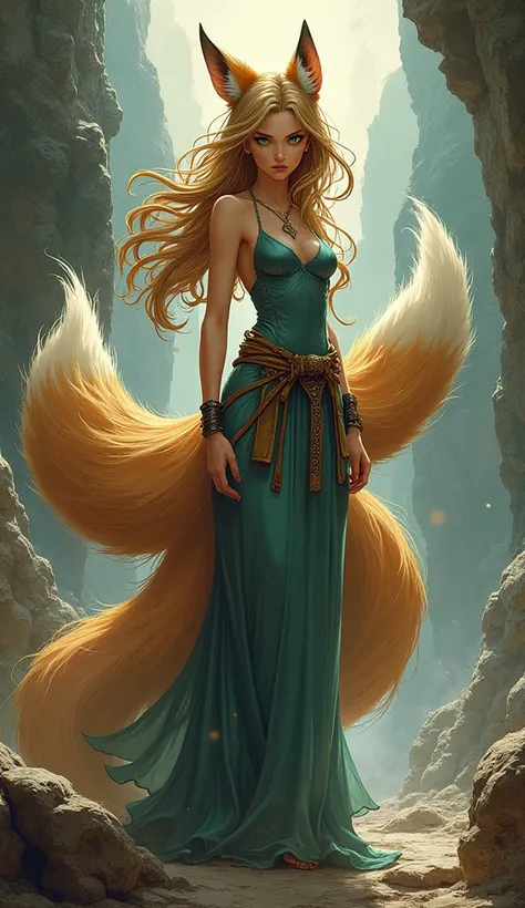 (((Western comics, graphic novel style))), Nine-tailed fox woman, light brown hair green eyes