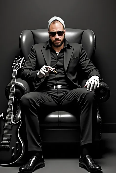 A band poster showing a bald singer wearing black sun glasses, sitting in a leather arm chair with a cigar in his hand and a guitar next to the chair. The bands name is " Critically Yours" the songs name is " Stay Tuned" 