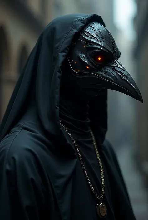 A Black Death doctor wearing an all-black raven mask with Cyber Punk features highlight features cyberpunk face shot from the side 