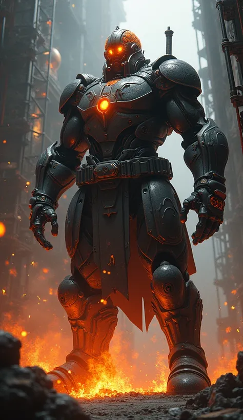 A cyberpunk-style blacksmith, towering, sculpted like a sculpture forged from heat-resistant steel, his arms presented as an impressive imitation of the anvils he expertly handles, amid a creative turmoil represented by the fiery camber of his eyes and the...