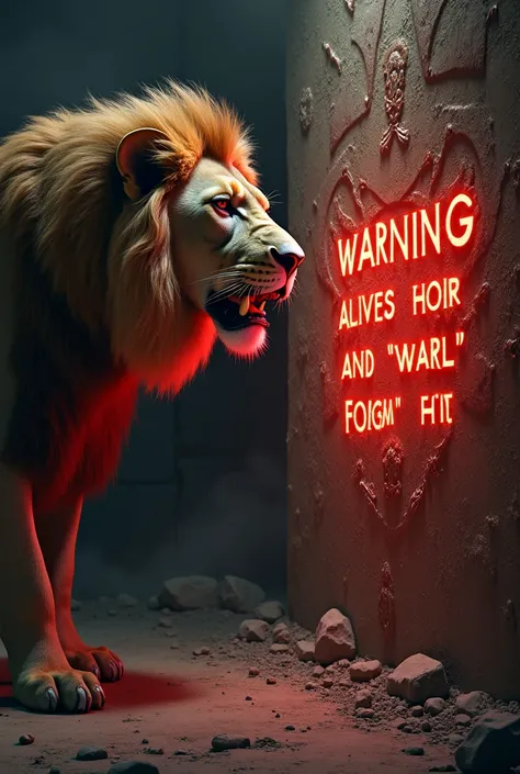 
"The lion discovers an old wall with an ominous warning written in glowing red letters. His expression shows both mischief and unease as the eerie carvings seem to come alive."