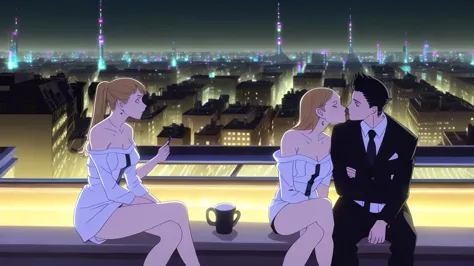 woman and man sitting kissing in the background of the city at night