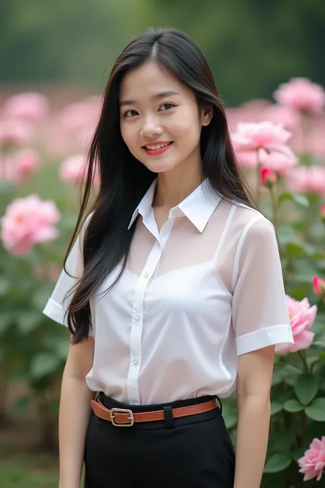 
A photography of Thai woman 22 years old standing outdoors in a garden setting filled with blooming pink roses in the background. She is wearing Mahalai uniform, sheer white short sleeve shirt, short black pencil skirt, brown belt, She has long, straight ...