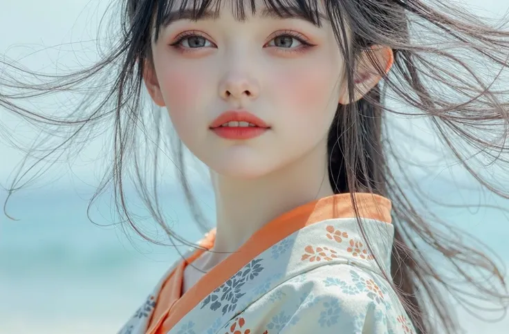 An extremely cute 18-year-old Japanese girl with platinum white hair flowing in the wind, standing on a sunny Okinawa beach. The clear blue sky and transparent ocean create a beautiful backdrop, highlighting her soft skin and sparkling eyes. Captured from ...