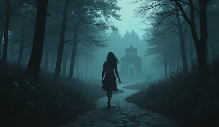 A lonely path near the cremation ground with cold winds blowing. Arti is shown walking quickly, looking back nervously. The background is filled with dense trees, and the atmosphere is tense and unsettling.