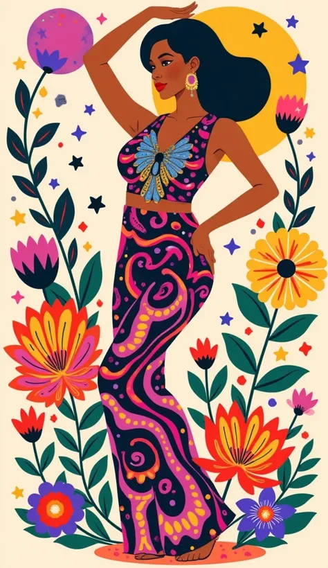 Create a vibrant 70s disco-inspired artwork featuring a feminine figure standing gracefully. The piece should embody groovy and trippy aesthetics, with hallucinatory, hypnotic patterns that evoke a sense of euphoria. Incorporate abstract, fluid shapes alon...