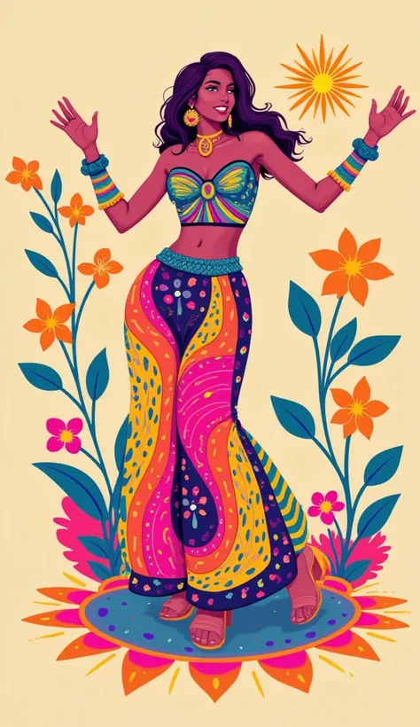 Create a vibrant 70s disco-inspired artwork featuring a feminine figure standing gracefully. The piece should embody groovy and trippy aesthetics, with hallucinatory, hypnotic patterns that evoke a sense of euphoria. Incorporate abstract, fluid shapes alon...