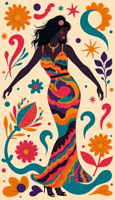 Create a vibrant 70s disco-inspired artwork featuring a feminine figure standing gracefully. The piece should embody groovy and trippy aesthetics, with hallucinatory, hypnotic patterns that evoke a sense of euphoria. Incorporate abstract, fluid shapes alon...