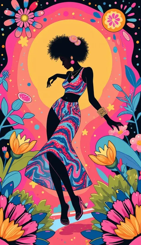 Create a vibrant 70s disco-inspired artwork featuring a feminine figure standing gracefully. The piece should embody groovy and trippy aesthetics, with hallucinatory, hypnotic patterns that evoke a sense of euphoria. Incorporate abstract, fluid shapes alon...