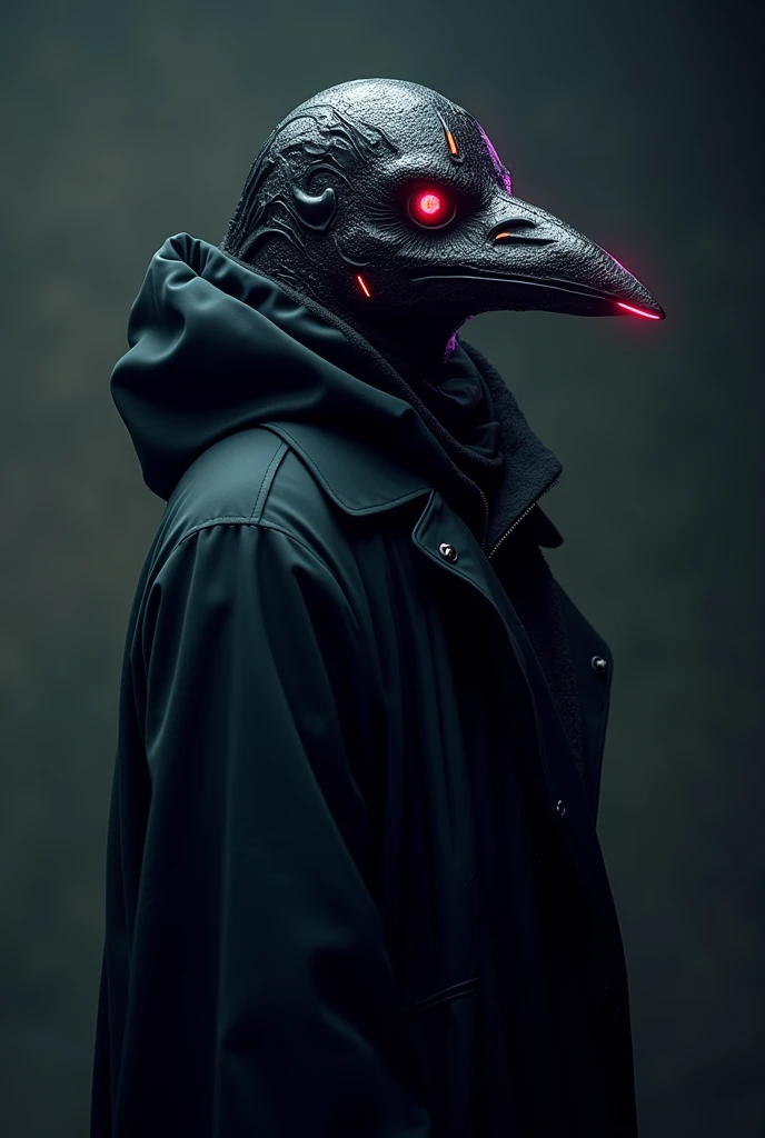 A Black Death doctor wearing an all-black raven mask with Cyber Punk features highlight cyberpunk features face shot from the side add multicolored neon to the mask