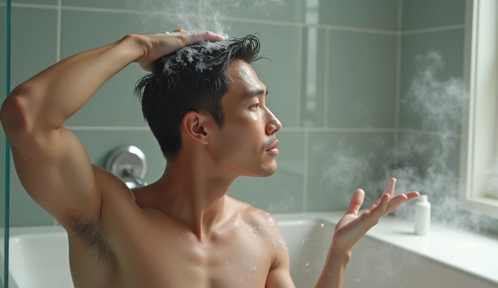 Create a realistic image of a 38 year Asian man bathing in the bathroom. he is applying shampoo on his head. 