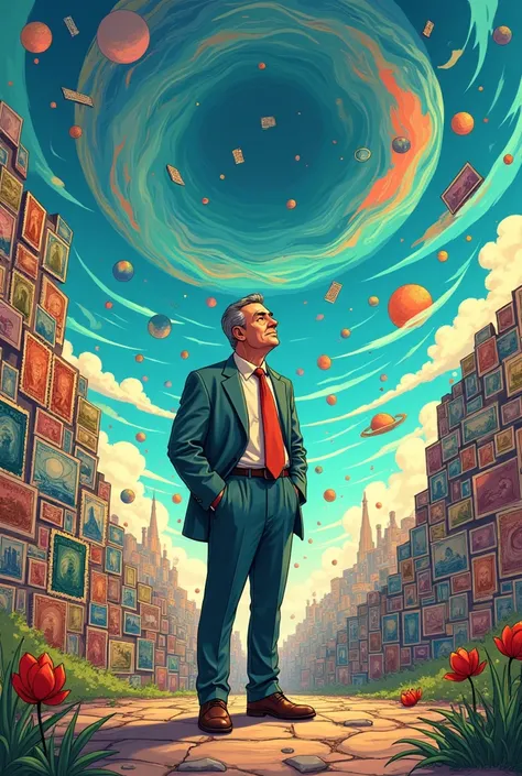 Make a cartoon about a middle age man wearing a suit stamp collector that he was in a surreal world of stamps were the sky remained a swirling mosaic of vibrant colors and the landscape seemed oddly fragmented as if stitched together from different places ...