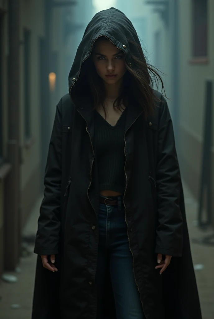 Threatening posture of a young lady in a long hoodie