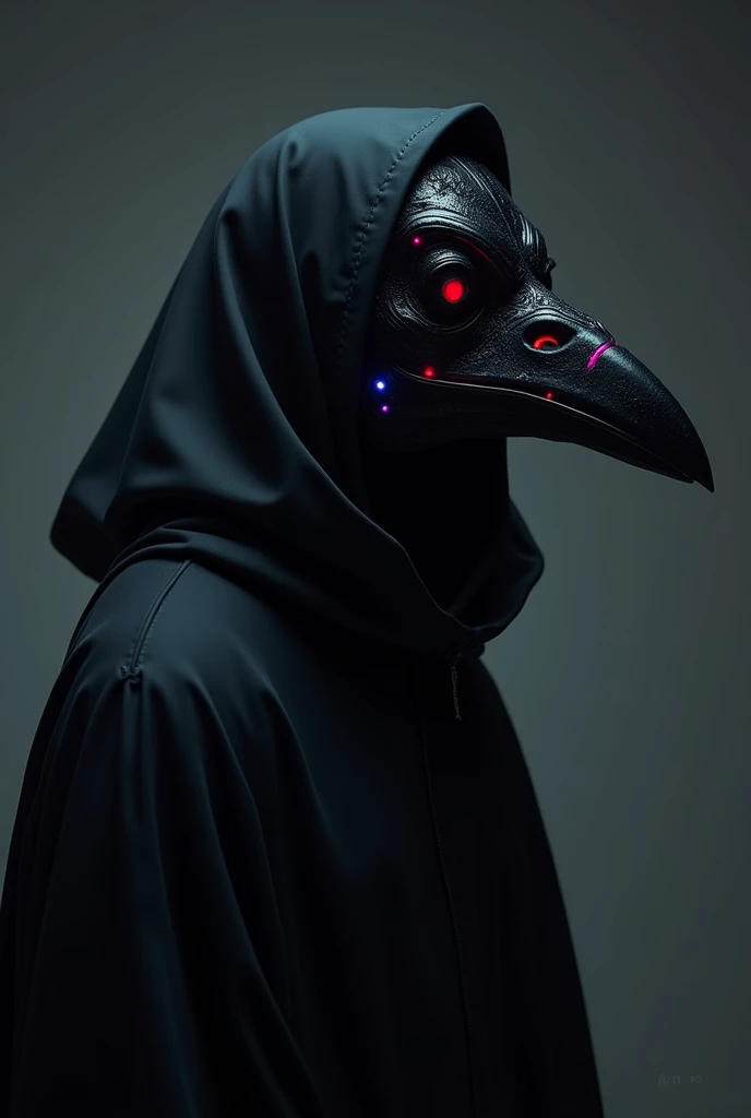 A Black Death doctor wearing an all-black raven mask with Cyber Punk features highlight cyberpunk features face shot from the side add multicolored neon to the mask add more human features