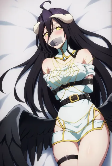 Albedo, ahoge, black hair, horns, long hair, yellow eyes, Bare hips, bare shoulders, black wings, detached collar, elbow gloves, feathered wings, gloves, gold trim, high collar, hip vent, jewelry, low wings, white gloves, wings, Bare shoulders, belt, black...