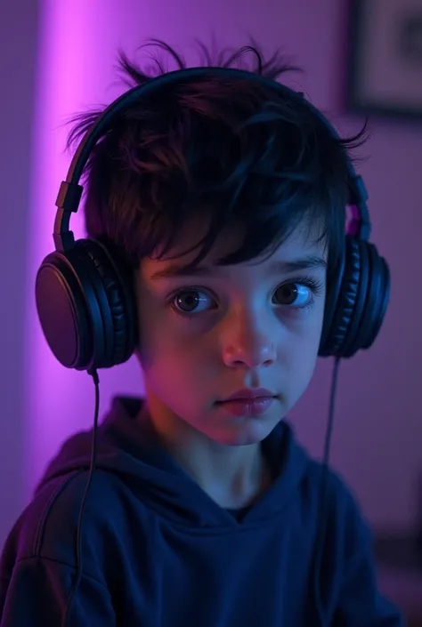 Boy wearing headphones with black hair purple glow