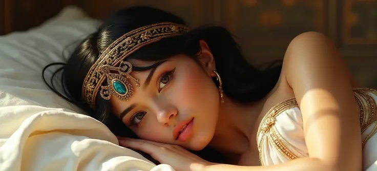 cleopatra ( masterpiece,  style better quality: 1.2), 1 girl, alone,  beautiful detailed eyes ,  beautiful detailed lips ,  extremely detailed face and features,, huge breasts, Cleopatra costume , Relaxed among the white sheets resting thoughtfully   . pho...