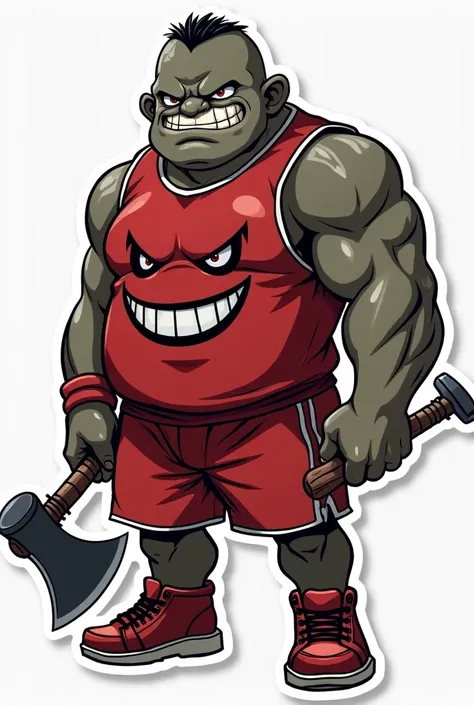 20 stickers in chibi format( to the waist) anime style
 a strong ogre man of light black color, he has a face as if he had Down syndrome, he is wearing a red basketball shirt with an evil face, he is holding a double-bladed axe