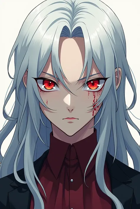 Create a image of a long white hair anime guy with red eyes and scars