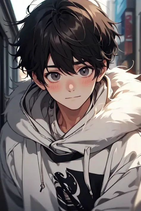 ultra-detailliert, Best Quality, finely detail, Anime Male, 1 Male, 25 years old, The face and eyes are very detailed, (Embarrassed, blush), Detailed face, jet black eyes, Mans, Black hair, Medium Hair, Messy pointed hair, (White fur jacket, Black hoody, J...