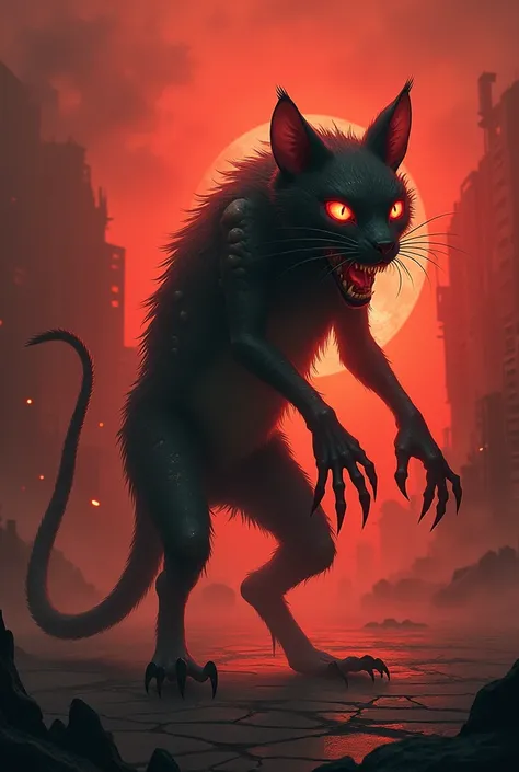 Design a hybrid creature that seamlessly combines the features of a [chuha] (mouse) and a [cat], resulting in a monstrous, dangerous appearance. The creature has a cats sleek body and tail, but with exaggerated claws, glowing eyes, and sharp mouse-like inc...