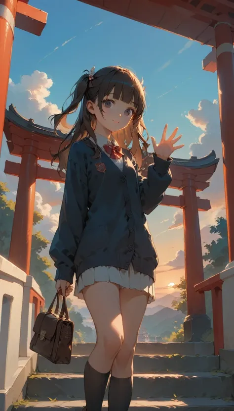 One Girl, (Sunset sky), Standing and waving, School Area, Countryside landscape, scenery, School Cardigan, (Sleeves are longer than the wrist), Powerful loafers, Black ash two side up hair, Blunt bangs, Beautiful dark eyes, Black knee socks, Cinema Lightin...