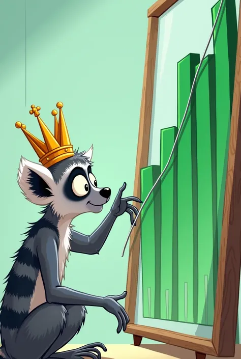 Create a image of the animation figure King Julien from Madagascar movies watching a trading chart with only green bars going up