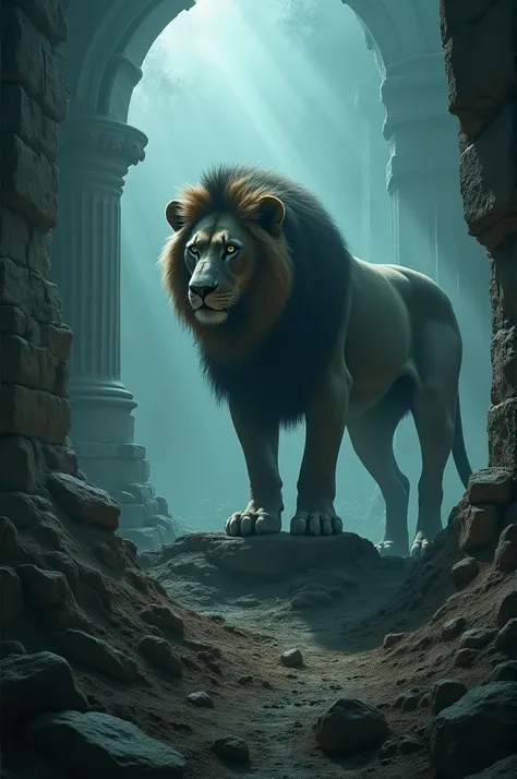 "Dark, ghostly shadows surround the lion as he digs for the treasure in the center of the ruin. His brave yet nervous stance contrasts with the increasingly spooky environment."
