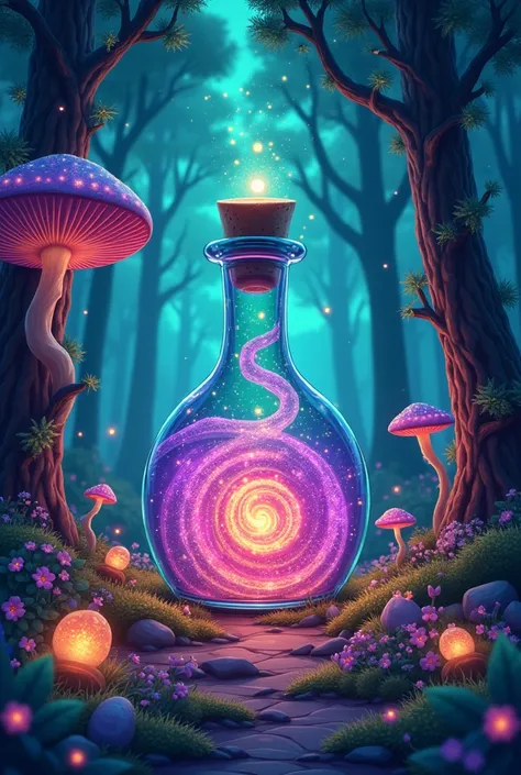 A cartoon towering, crystalline potion bottle surrounded by an enchanted forest glowing with vibrant hues. The bottle appears to bubble with magical liquid, swirling between emerald, purple, and gold, with a slightly tilted cork releasing shimmering mist t...